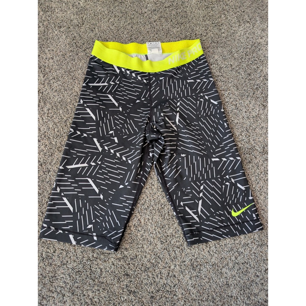 Nike Pro Womens Medium Black White Geometric Dash Neon Yellow Compression Shorts